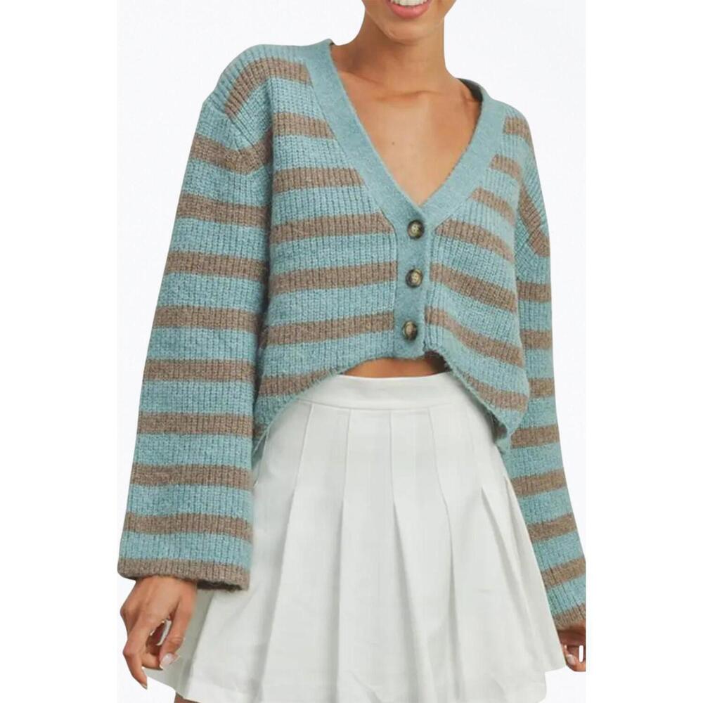 NEW VANILLA MONKEY cropped high-low striped cardigan in sky blue/grey